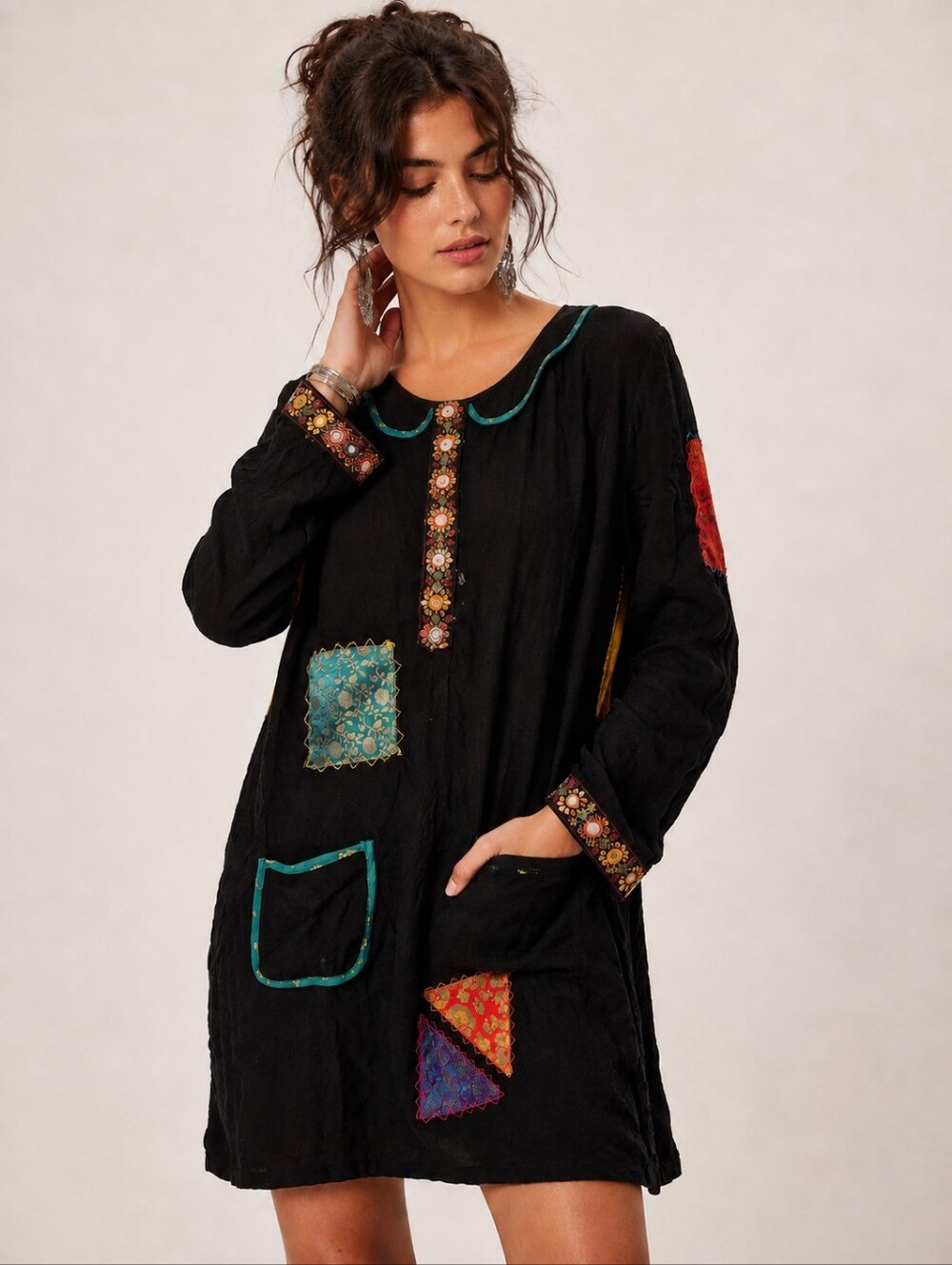 Sacred Threads M/L Black Boho Patchwork Lagenlook Tunic Dress Rayon